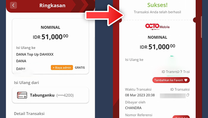 octo mobile dana ringkasan - top up isi ulang berhasil