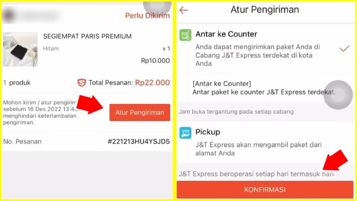 pada halaman penjualan saya tap atur pengiriman pilih anter ke counter atau pick up lalu konfirmasi ke shopee