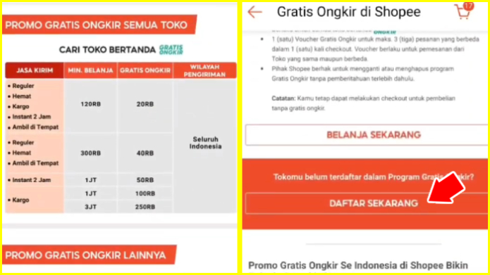 pahami ketentuan gratis ongkir shopee lalu tekan tombol daftar sekarang