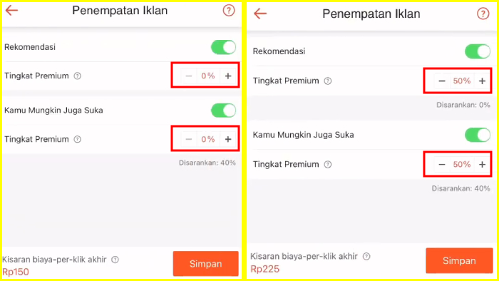 penempatan iklan tingkat premium kisaran biaya per klik iklan serupa shopee