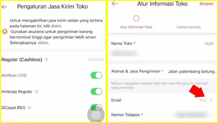 pengaturan jasa kirim toko shopee dan email