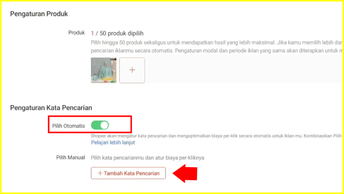 pengaturan kata pencarian untuk iklan shopee