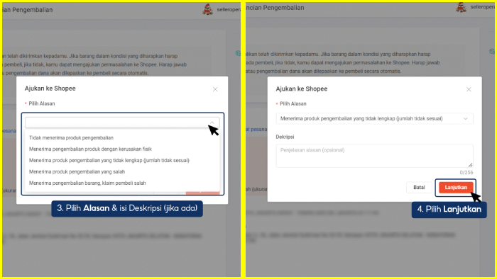 pilih alasan dan isi deskripsi pilih lanjutkan