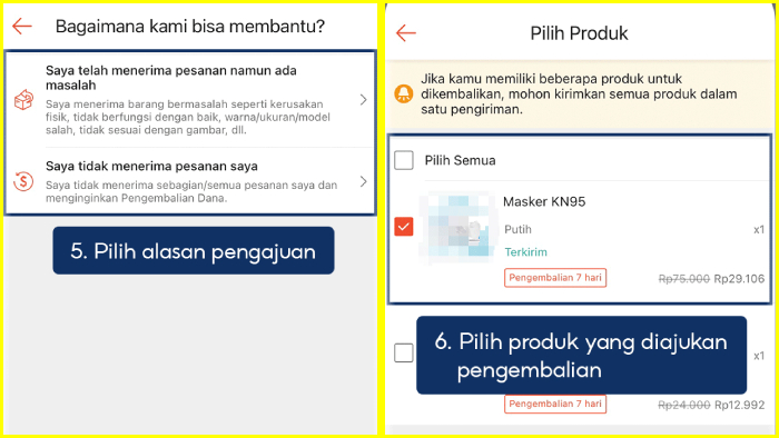 pilih alasan mengajukan retur dan pilih produk yang diajukan pengembalian