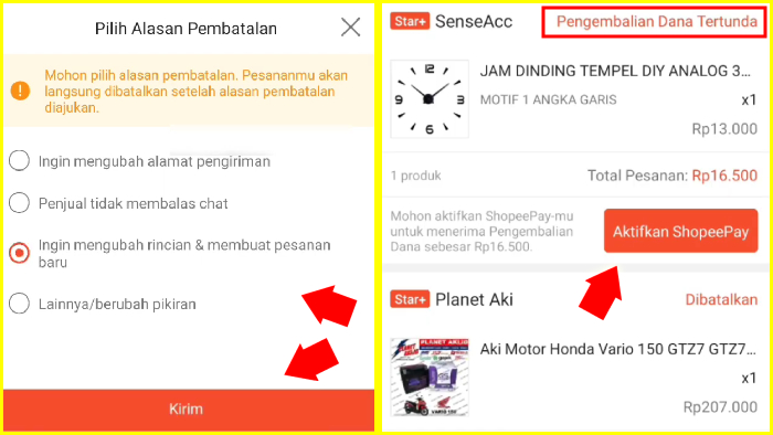 pilih alasan pembatalan aktifkan shopeepay