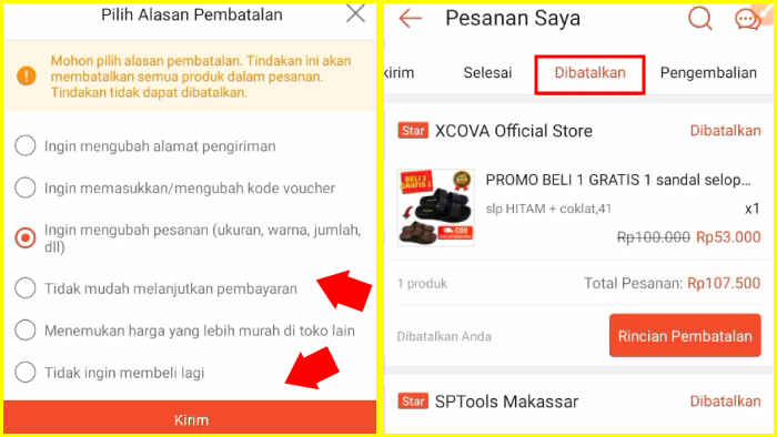 pilih alasan pembatalan tap kirim ke shopee