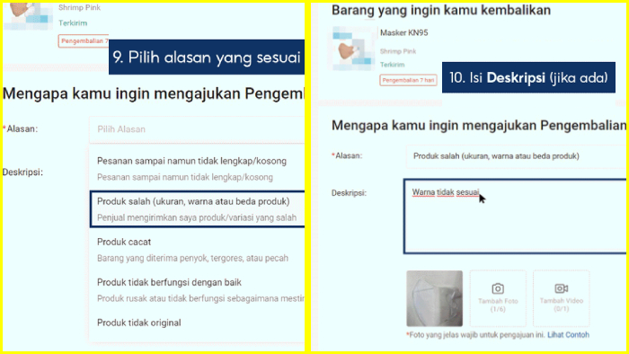 pilih alasan yang sesuai lalu isi deskripsi menjawab pertanyaan shopee