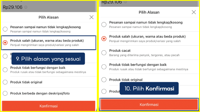 pilih alasan yang sesuai pilih konfirmasi pengembalian barang shopee