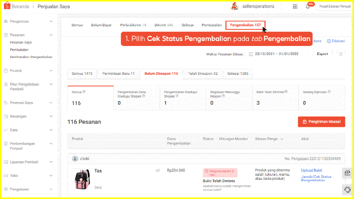 pilih cek status pengembalian pada tab pengembalian