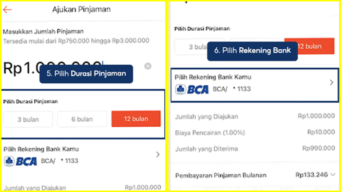 pilih durasi pinjaman dan rekening bank