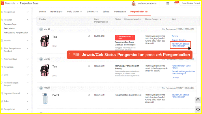 pilih jawab cek status pengembalian pada tab pengembalian barang tak lengkap