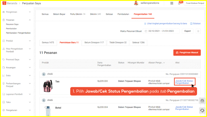 pilih jawab cek status pengembalian pada tab pengembalian