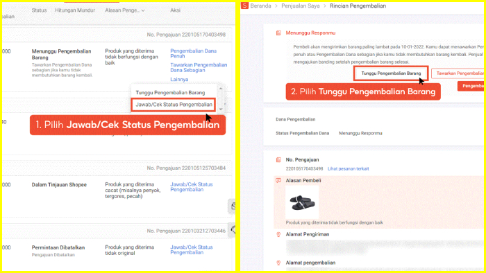 pilih jawab cek status pengembalian tunggu pengembalian barang