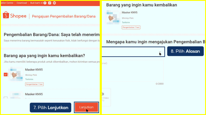 pilih lanjutkan lalu pilih alasan barang yang ingin kamu kembalikan