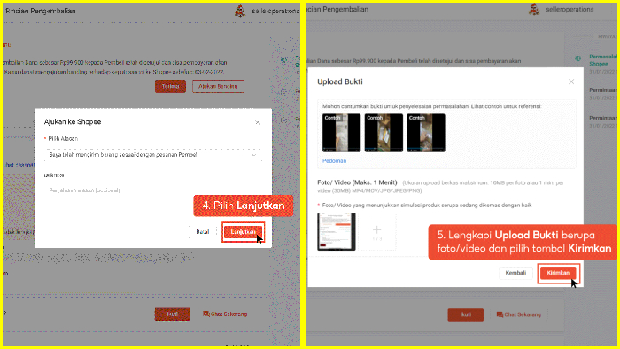 pilih lanjutkan lengkapi uploadi bukti berupa foto video lalu kirim ke shopee