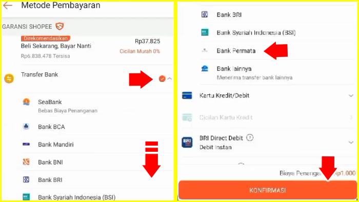 pilih metode pembayaran transfer bank tap bank permata tekan konfirmasi shopee