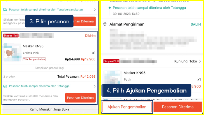 pilih pesanan dan ajukan pengembalian