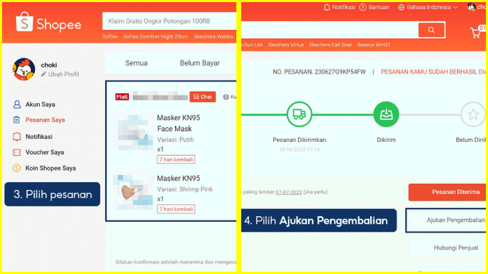 pilih pesanan lalu ajukan pengembalian ke shopee