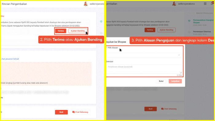 pilih terima atau ajukan banding pilih alasan pengajuan dan lengkapi kolom deskripsi shopee