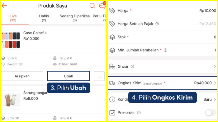 pilih ubah pilih ongkos kirim