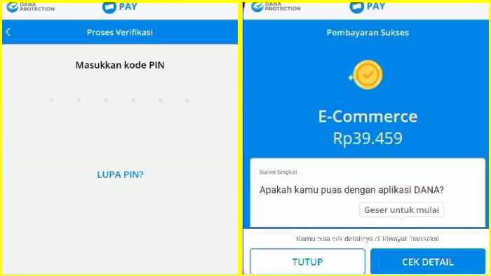 proses verifikasi kode pin dana pembayaran sukses