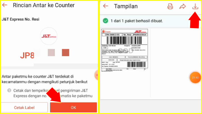 rincian antar ke counter save label pengiriman dari shopee