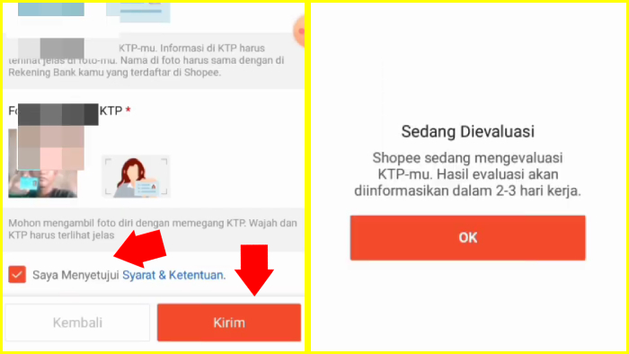 setujui syarat dan ketentuan shopee dan evaluasi ktp oleh shopee