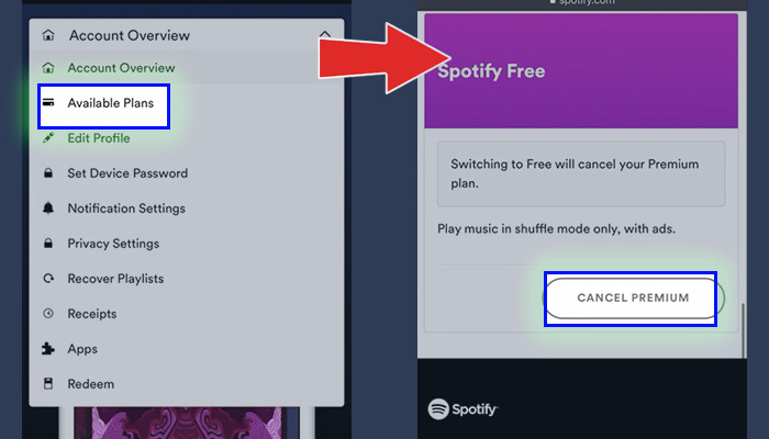 spotify.com available plans - cancel premium