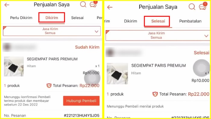 tab dikirim dan tab selesai dalam aplikasi shopee