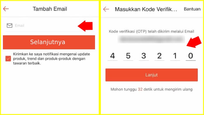 tambah email masukkan kode verifikasi