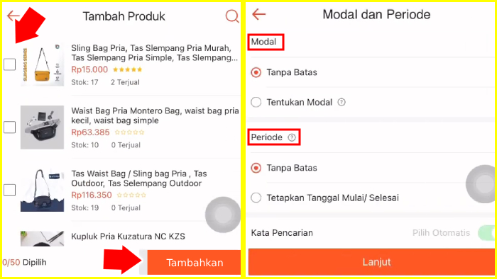 tambah produk dan halaman modal periode iklan shopee