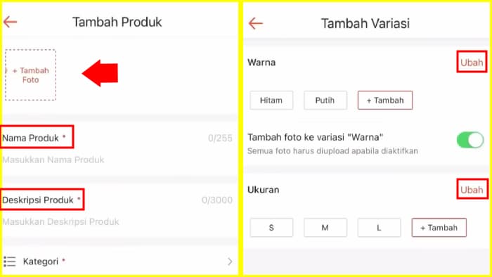 tambah produk dan variasi produk shopee