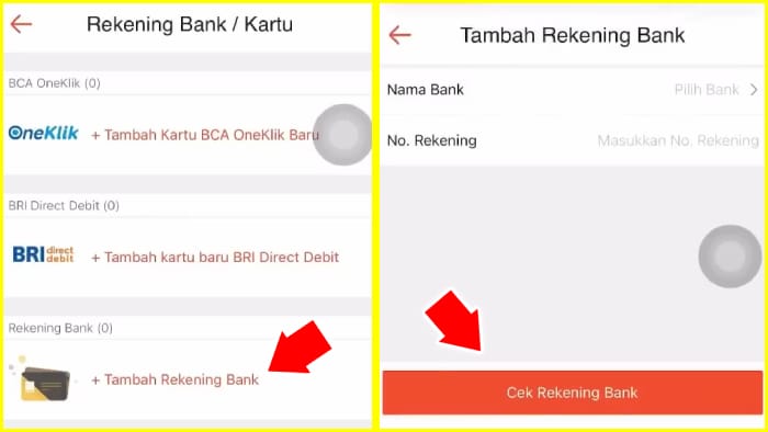 tambah rekening bank lalu cek rekening bank oleh shopee