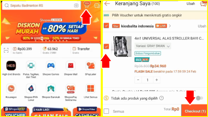 tap keranjang shopee ceklis barang tekan tombol checkout shopee