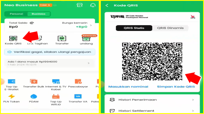tap menu code QRIS neo lalu screenshot