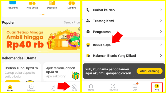 tap menu profil tekan opsi bisnis saya