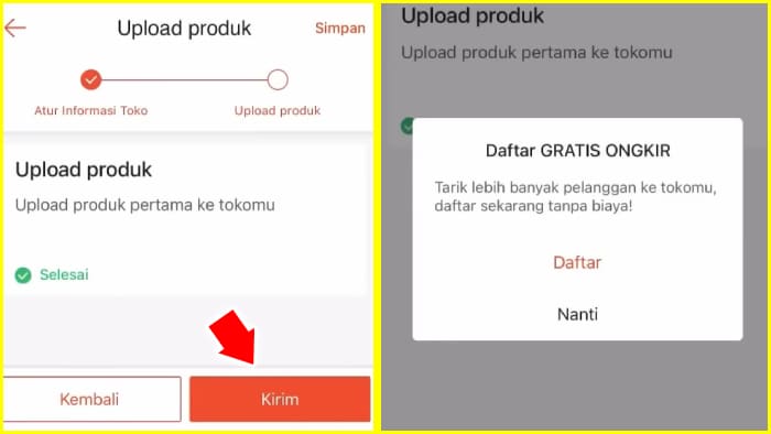 tekan kirim lalu daftar gratis ongkir shopee