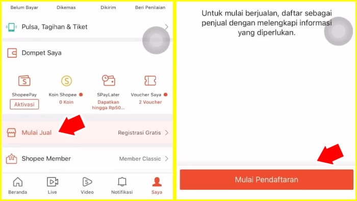 tekan opsi mulai jual lalu mulai pendaftaran toko shopee