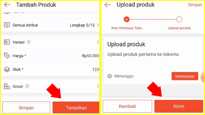 tekan tampilkan untuk memunculkan produk ke etalase tekan kirim untuk klaim free ongkir