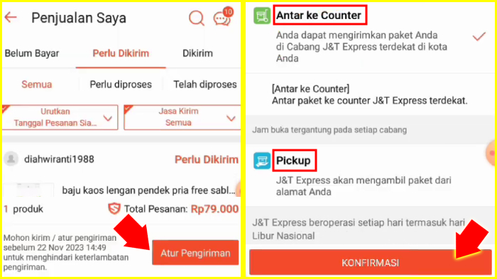 tekan tombol atur pengiriman pilih skema pengiriman lalu konfirmasi ke shopee