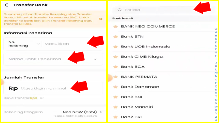 transfer ke bank atau rekening lainnya