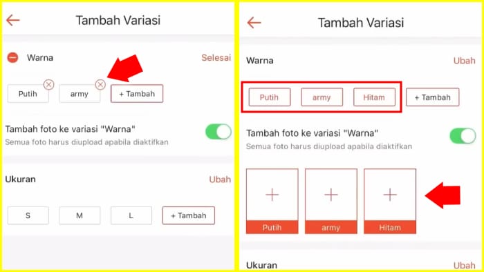 ubah variasi dan tambah foto variasi