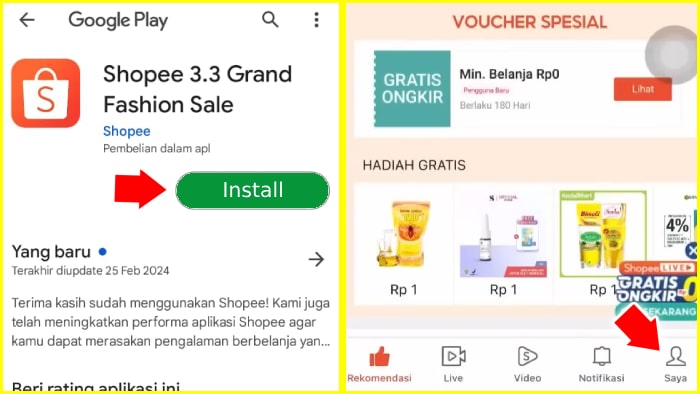 unduh dan install aplikasi shopee dari play store lalu akses menu saya shopee