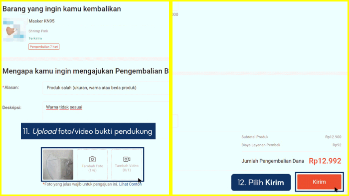 upload foto video bukti pendukung lalu kirim pengajuan refund retur ke shopee