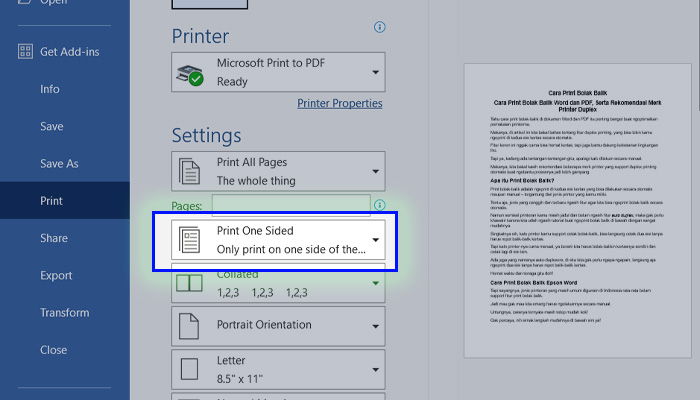 word print one sided