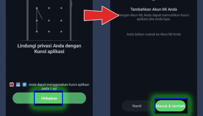 xiaomi kunci aplikasi hidupkan pola layar - tambahkan akun mi masuk dan tambah