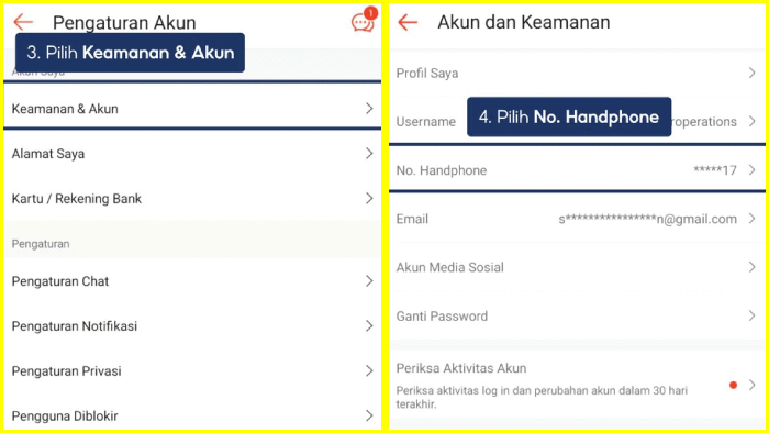 Pilih Keamanan Akun dan Masuk ke Bagian Nomor Telepon