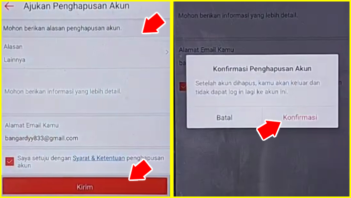 alasan penghapusan akun dan konfirmasi penghapusan akun shopee