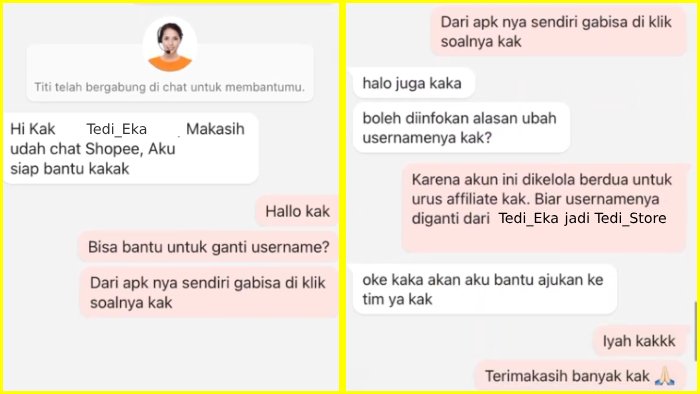 alasan untuk ganti username pada cs shopee