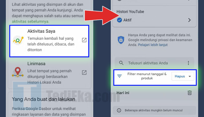 android pengaturan google aktivitas saya - filter menurut tanggal dan produk hapus